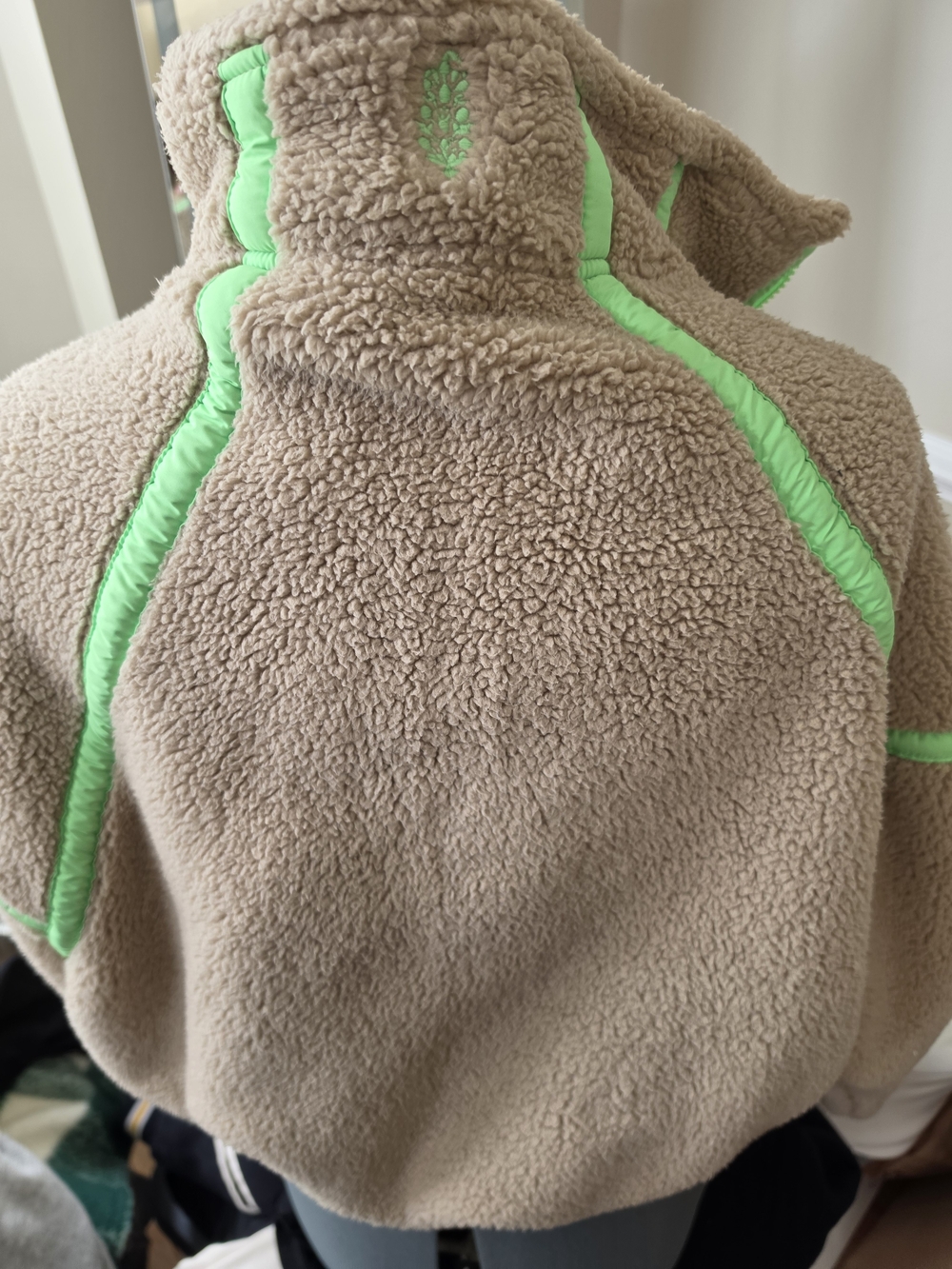 Free People Beige Sherpa Pullover with Neon Green Trim - Picture 2 of 4